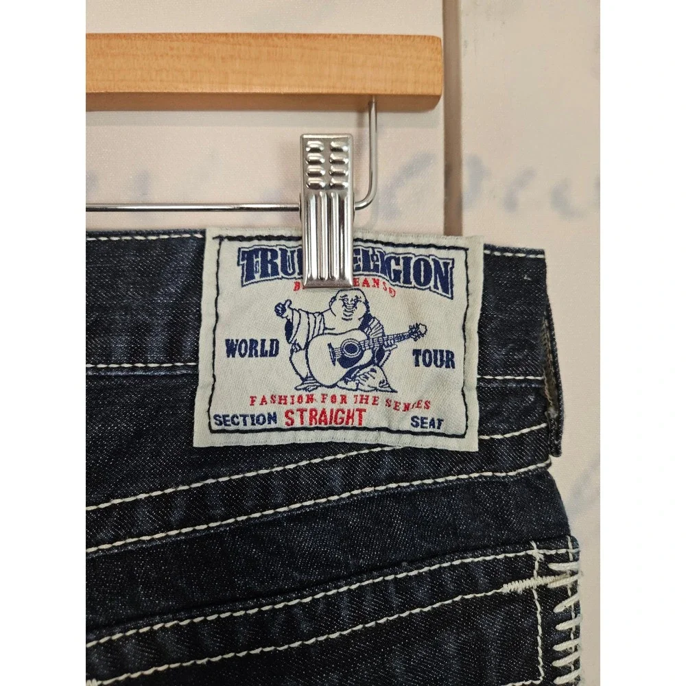 True‎ Religion Super T Straight Leg Jeans 31 Dark Blue White Thick Stitch Y2K